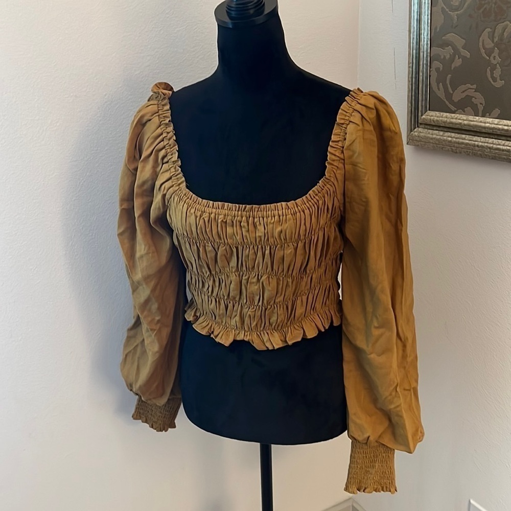 A Loves A ruched cropped ballon sleeves linen blend boho top Sz M blouse new